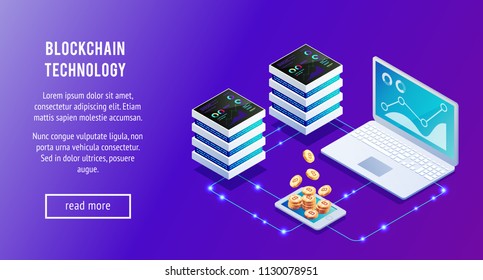 Concepto isométrico de tecnología de cadenas de bloqueo. Servidores, laptop y bitcoins 3d. Transferir criptomoneda en el sistema. Ilustración vectorial.