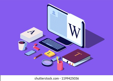 Isometric Concept for Blog, Blogging concept, post, content strategy, social media, chatting. Vector illustration for web page, social media, documents, cards, posters.