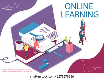 Isometric concept with books and characters for learning or teaching, education and content for web page, banner, social media, documents, cards, posters. Double exposure effect, laptop as background.