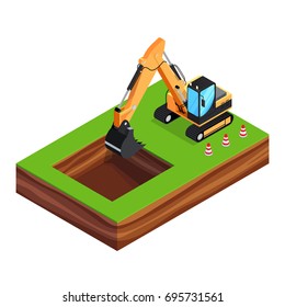 Isometric concept of building a house. 3d excavator is digging a pit for the foundation. House construction phases. Vector illustration.