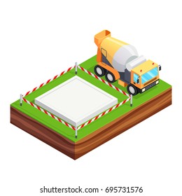 Isometric concept of building a house. 3d icons of a concrete foundation of a house and concrete mixers. House construction phases. Vector illustration.