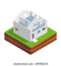 Isometric concept of building a house. 3d the first and second floor of the house with interior walls. House construction phases. Vector illustration.