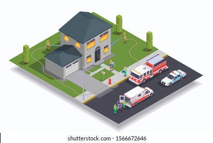 Isometric concept with building on fire and emergency cars 3d vector illustration