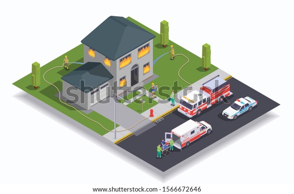 Isometric concept with building on fire and\
emergency cars 3d vector\
illustration