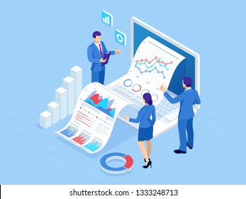 Isometric concept of business analysis, analytics, research, strategy statistic, planning, marketing, study of performance indicators. Investment in securities, smart investment, strategic management
