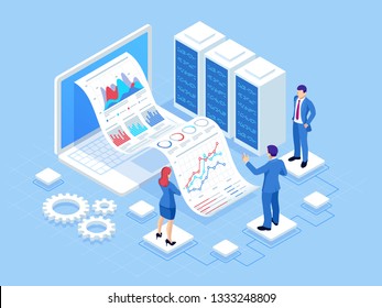 Isometric concept of business analysis, analytics, research, strategy statistic, planning, marketing, study of performance indicators. Investment in securities, smart investment, strategic management