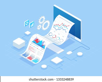 Isometric concept of business analysis, analytics, research, strategy statistic, planning, marketing, study of performance indicators. Investment in securities, smart investment, strategic management