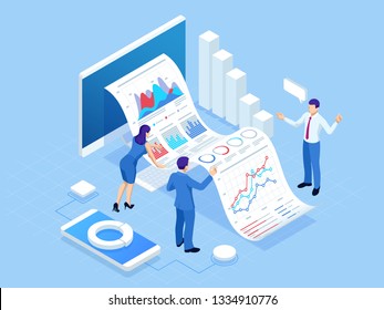 Isometric concept of business analysis, analytics, research, strategy statistic, planning, marketing, study of performance indicators. Investment in securities, smart investment, strategic management