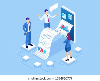 Isometric concept of business analysis, analytics, research, strategy statistic, planning, marketing, study of performance indicators. Investment in securities, smart investment, strategic management