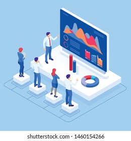 Isometric concept of business analysis, analytics, research, strategy statistic, planning, marketing, study of performance indicators. Investment in securities, smart investment, strategic management