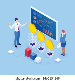 Concepto isométrico de análisis de negocio, análisis, investigación, estrategia, estadística, planificación, marketing, estudio de indicadores de rendimiento. Inversión en valores, inversión inteligente, gestión estratégica