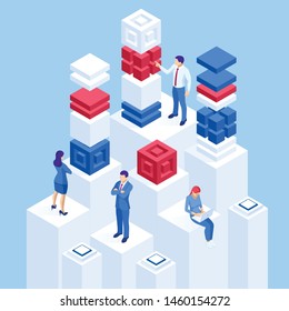 Isometric concept of business analysis, analytics, research, strategy statistic, planning, marketing, study of performance indicators. Investment in securities, smart investment, strategic management