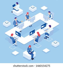 Isometric concept of business analysis, analytics, research, strategy statistic, planning, marketing, study of performance indicators. Investment in securities, smart investment, strategic management