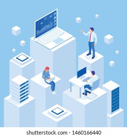 Isometric concept of business analysis, analytics, research, strategy statistic, planning, marketing, study of performance indicators.