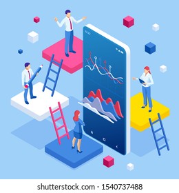 Isometric concept of business analysis, analytics, research, strategy statistic, planning, marketing, study of performance indicators. Investment in securities, smart investment, strategic management