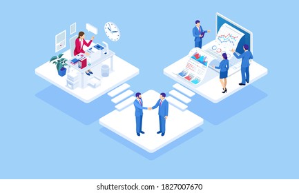 Isometric concept of business analysis, analytics, research, strategy statistic, planning, marketing, study of performance indicators. Business to Business Marketing, B2B Solution, business marketing