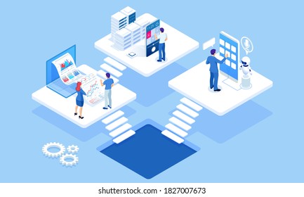 Isometric concept of business analysis, analytics, research, strategy statistic, planning, marketing, study of performance indicators. Investment in securities, smart investment