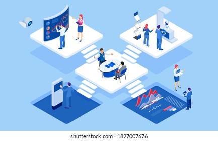 Isometric concept of business analysis, analytics, research, strategy statistic, planning, marketing, study of performance indicators. Investment in securities, smart investment, strategic management