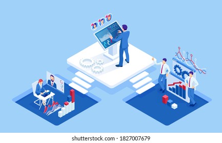 Isometric concept of business analysis, analytics, research, strategy statistic, planning, marketing, study of performance indicators. Investment in securities, smart investment, strategic management