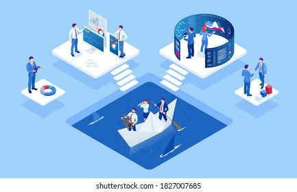 Isometric concept of business analysis, analytics, research, strategy statistic, planning, marketing, study of performance indicators. Business to Business Marketing, B2B Solution, business marketing