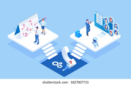 Isometric concept of business analysis, analytics, research, strategy statistic, planning, marketing, study of performance indicators. Investment in securities, smart investment, strategic management