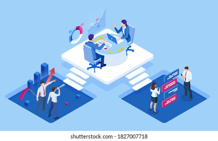 Isometric concept of business analysis, analytics, research, strategy statistic, planning, marketing, study of performance indicators. Investment in securities, smart investment, strategic management