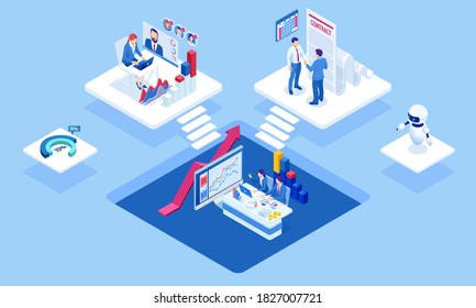 Isometric concept of business analysis, analytics, research, strategy statistic, planning, marketing, study of performance indicators. Investment in securities, smart investment, strategic management