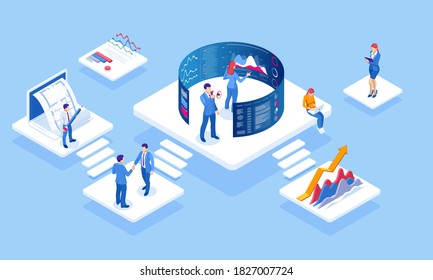 Concepto isométrico de análisis empresarial, análisis, investigación, estadística de estrategia, planificación, comercialización, estudio de indicadores de rendimiento. Marketing de empresa a empresa, solución B2B, marketing de negocios