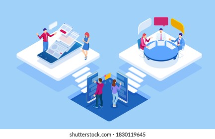 Isometric concept of business analysis, analytics, research, strategy statistic, planning, marketing, study of performance indicators. Investment in securities, smart investment, strategic management