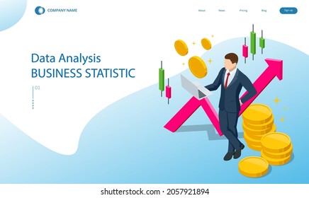 Isometric concept of business analysis, analytics, research, strategy statistic, planning, marketing, study of performance indicators. Investment in securities, smart investment, strategic management