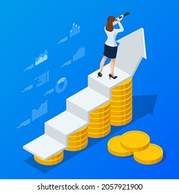 Isometric concept of business analysis, analytics, research, strategy statistic, planning, marketing, study of performance indicators. Investment in securities, smart investment, strategic management