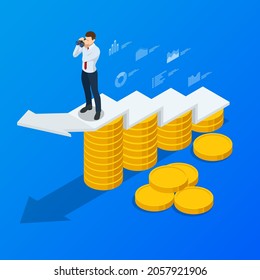 Isometric concept of business analysis, analytics, research, strategy statistic, planning, marketing, study of performance indicators. Investment in securities, smart investment, strategic management