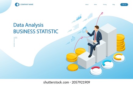 Isometric concept of business analysis, analytics, research, strategy statistic, planning, marketing, study of performance indicators. Investment in securities, smart investment, strategic management