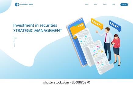 Isometric concept of business analysis, analytics, research, strategy statistic, planning, marketing, study of performance indicators. Investment in securities