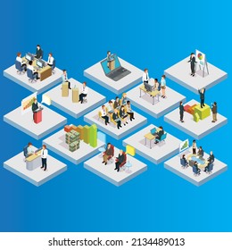 Isometric concept of business analysis, analytics, research, strategy statistic, planning, marketing, study of performance indicators. Investment in securities, smart investment, strategic management