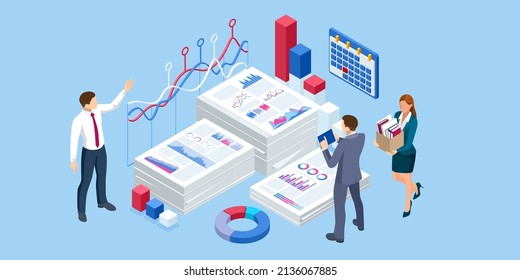 Isometric concept of business analysis, analytics, research, strategy statistic, planning, marketing, study of performance indicators.