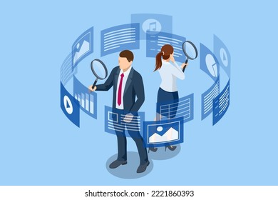 Isometric concept of business analysis, analytics, research, strategy statistic, planning, marketing, study of performance indicators. Using Analytics Data KPI Dashboard Tech