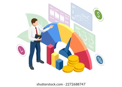 Isometric Concept of Business Analysis, Analytics, Finance chart, Financial planning, Data analysis, and Management strategy. Investment in securities, smart investment, strategic management