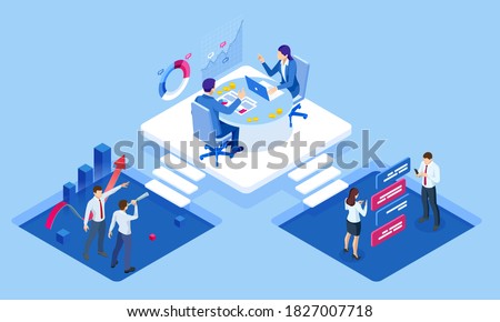 Isometric concept of business analysis, analytics, research, strategy statistic, planning, marketing, study of performance indicators. Investment in securities, smart investment, strategic management