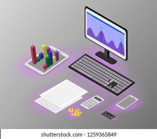 Isometric concept of the business application. 3D monitor and smartphone, tablet with 3D graphics, calculator, 
Bank card, money. Mobile technology vector background