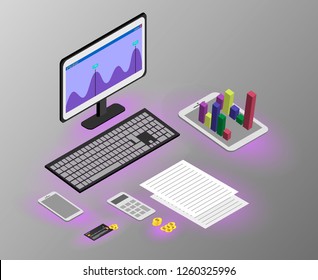 Isometric concept of the business application. 3D monitor and smartphone, tablet with 3D graphics, calculator, 
Bank card, money. Mobile technology vector background