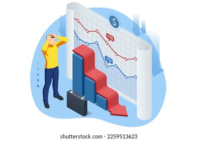 Isometric Concept of Business Decline Downward Arrow Trend, Bankruptcy, Bankruptcy, Bad Economy Reduction, Budget recession, Financial Crisis, Market Fall, Investment expenses.