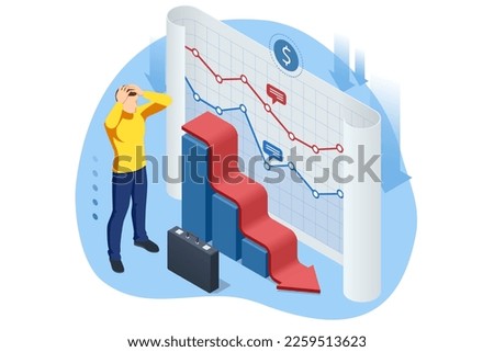 Isometric Concept of Business Decline Downward Arrow Trend, Bankruptcy, Bankruptcy, Bad Economy Reduction, Budget recession, Financial Crisis, Market Fall, Investment expenses.