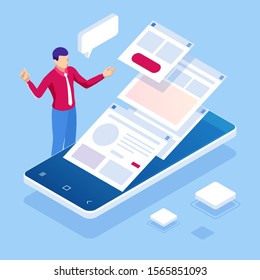 Isometric concept of business e-documents, business report, business documents, working, management. Email marketing, internet advertising concepts. Data storage.