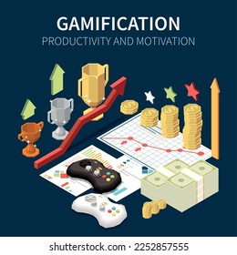 Isometric concept of business gamification productivity and motivation with 3d game and money symbols vector illustration