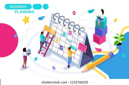 Isometric Concept of business planning, drawing up development schedules business. Isometric people in motion. Concepts for web banners and printed materials.