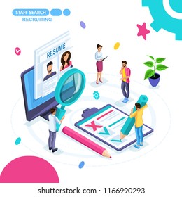 Isometric concept of business, search for employees online, recruiting, resume, outsourcing. Young entrepreneurs are working on a business strategy.