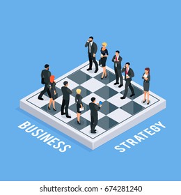 Isometric concept of business strategy. 3d chess with businessmen and business women as figures. Two rival teams on the chessboard. Vector illustration.