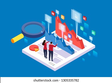 Isometrisches Konzept des Geschäftsteams zur Analyse von Datendiagrammen und Diagrammen
