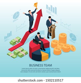 Isometric concept with business team winner with cup and man at wheel 3d vector illustration